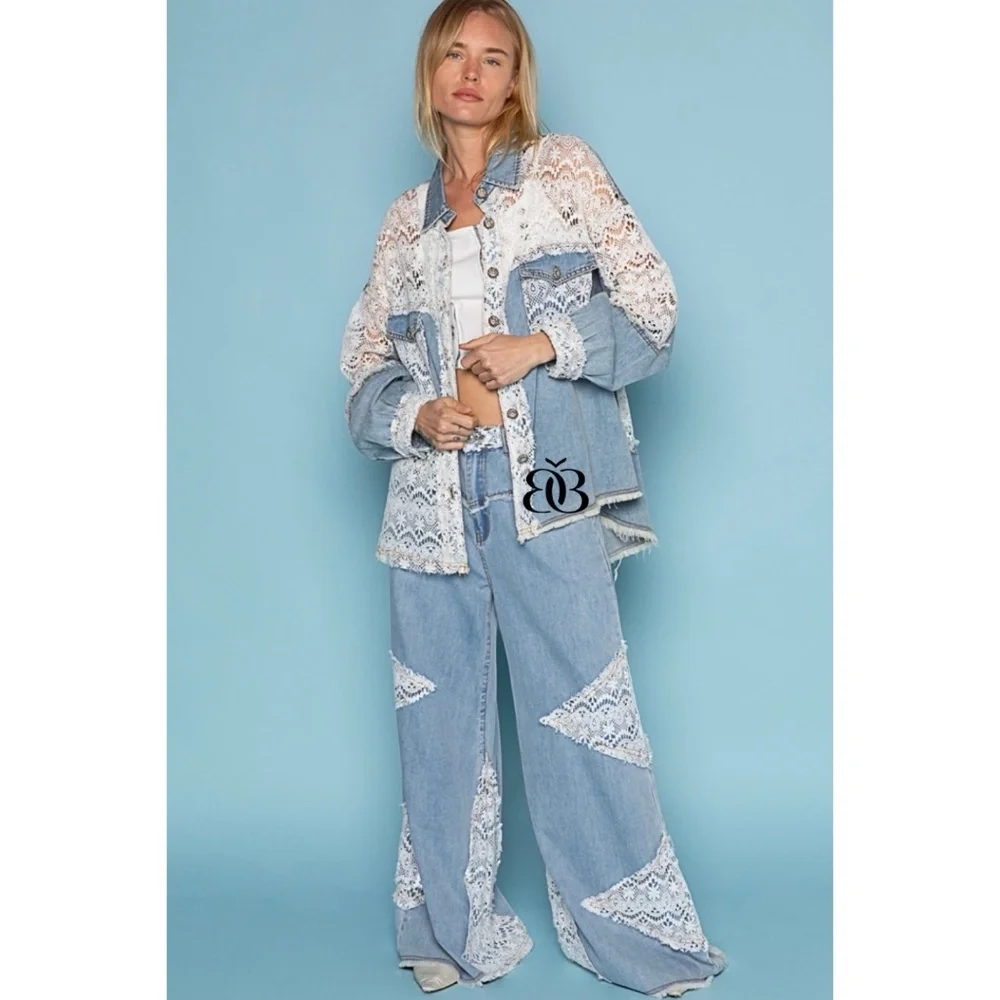 POL Vintage Washed Crochet Patched Straight Wide Leg Slouch Jeans - Picture 5 of 16